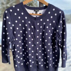 Talbots Blue and White Polka Dot Cardigan with 3/4 Length Sleeves